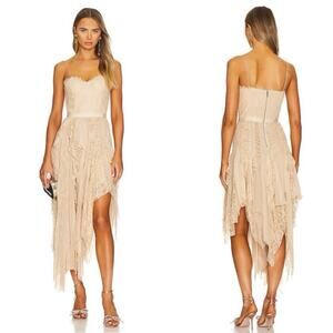 ALICE + OLIVIA Maritza Bustier Asymmetric Almond Ruffle Lace Midi Dress Sz 12